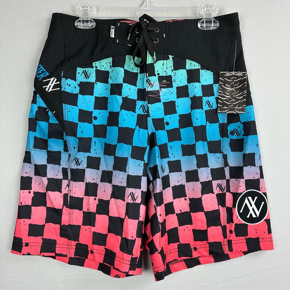 Atwater Checks Men’s 30 Board Shorts Stretch Cinch Fly Side Pocket